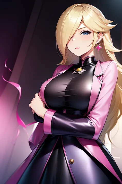 erotic、rosalina、blonde、tall、 mature, married women,a slightly open duffle coat、, pink and black background, pitch-dark bedroom, ...