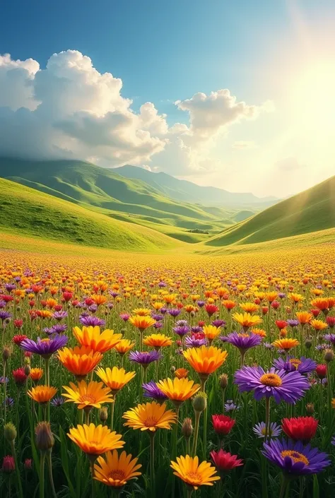 field of wildflowers swaying in the breeze, bathed in warm golden sunlight."**