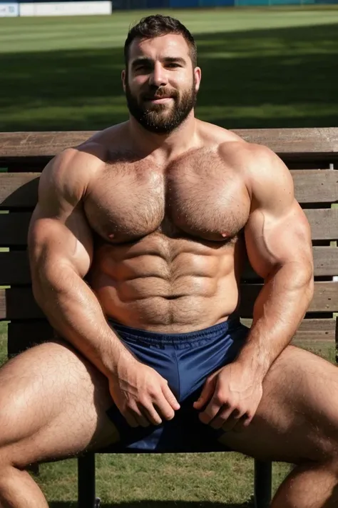 arafed man with a beard sitting on a rugby park bench with his shirt open, hairy chest, large muscles, very beautiful. muscles,  muscular, massive muscles, big chest, muscular men, very very hairy chest and hairy body, powerful and huge, beefy, he got a bi...