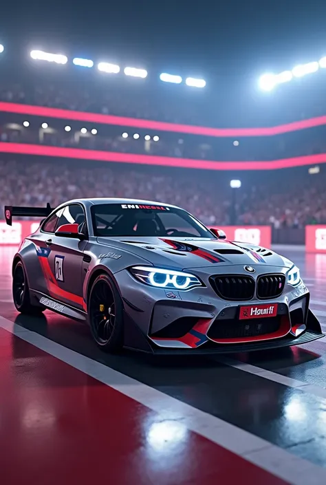 Create a BMW 1 series in a Rocket League arena with a gray,White, black racing livery
and the license plates say "Henfri"