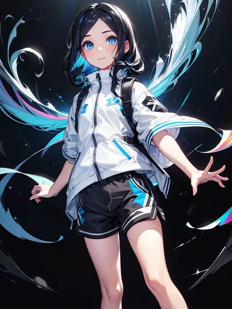 Black background with spotlight, Long eyelashes, Heterochromia iridis,（Blue eyes and rainbow eyes）, Young face, White jacket,Medium Hair, I wore shorts、Wear sneakers、Black hair with blue highlights, whole body