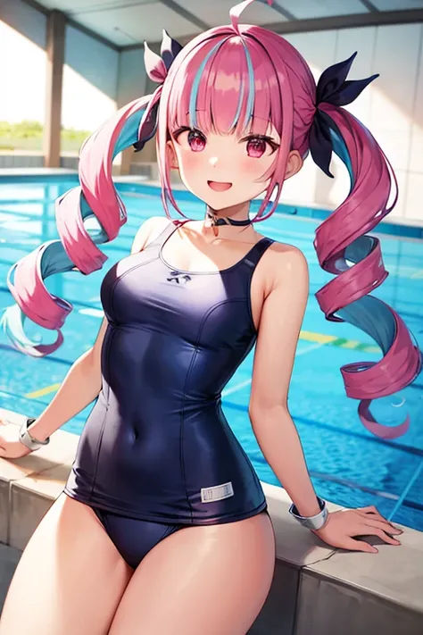 masterpiece、Highest quality、1 person、Virtual YouTuber、Minato Akua、Multi-colored hair、Twin tails、inner hair color、Two-tone hair、Drill Hair、Twin Drill、Ahoge、Ankle cuffs、Striped Hair、White ribbon、School Swimsuit、Cowboy Shot,smile,Open your mouth,Pool,Arms cro...