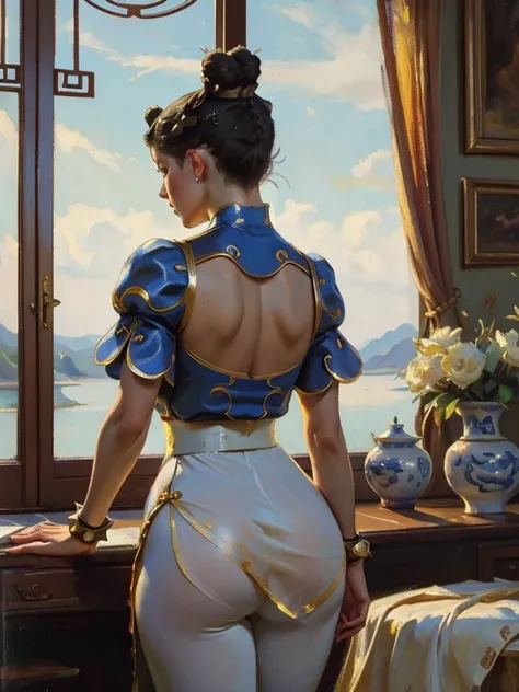 (AOC:1.1), (Oil painting:1.2), from behind, Curved, Slightly Wide hips, thick thighs, (chun li:1.3), brown hair, Bun Hair, ((Double bun, Bun cover:1.5)), lipstick, makeup, Blue cheongsam with side slits, white footwear, Sheer brown pantyhose, chinese cloth...