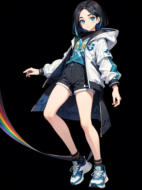 Black background with spotlight, Long eyelashes, Heterochromia iridis,（Blue eyes and rainbow eyes）, Young face, White jacket,Medium Hair, I wore shorts、Wear sneakers、Black hair with blue highlights, whole body