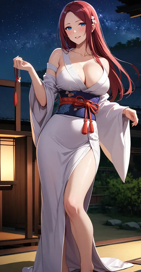 
solo, long hair, breasts, looking at viewer, blush, bangs, large breasts:1.6, hair ornament, cleavage, blue eyes, full body, clip on hair, laughter ,parted lips, japanese clothes, kimono, mole, mole under eye, kushina ,curve body,milf,motherly,mature fema...