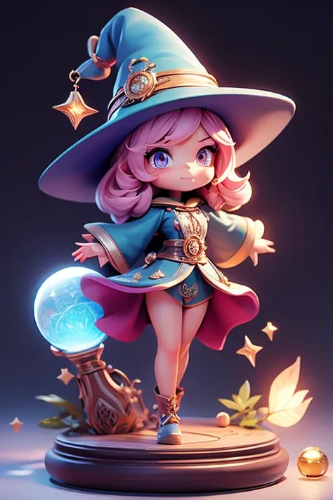 Create an animation, cat, front view, Wear a witchs hat... A large crystal ball with symbols of fortune telling on the front.. The image should be sharp and detailed, with beautiful colors.. With arms, leg, eyes, mouth, พื้นหลังสีlegว.