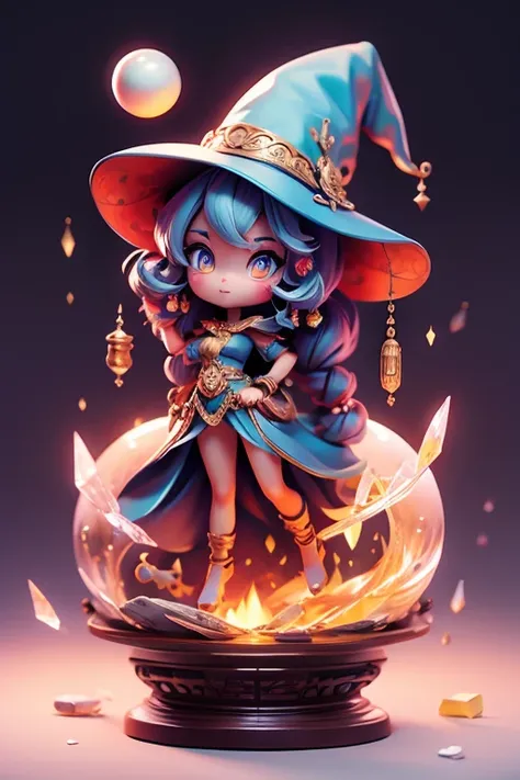 Create an animation, cat, front view, Wear a witchs hat... A large crystal ball with symbols of fortune telling on the front.. The image should be sharp and detailed, with beautiful colors.. With arms, leg, eyes, mouth, พื้นหลังสีlegว.