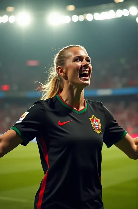 Generate a black shirt as a base with red and green details. She should call you on the shirt, take inspiration from the Portugal national team shirt 