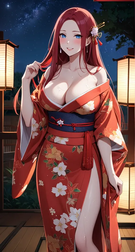 
solo, long hair, breasts, looking at viewer, blush, bangs, large breasts:1.6, hair ornament, cleavage, blue eyes, full body, clip on hair, laughter ,parted lips, japanese clothes, kimono, mole, mole under eye, kushina ,curve body,milf,motherly,mature fema...