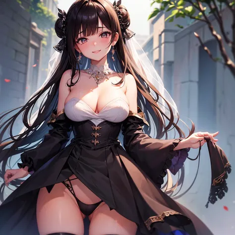 A woman in a dress and stockings standing in front of a tree, wedding dress, off the shoulder, long wedding veil, necklace, jewelry, (skirt parted in front), thigh highs, (panties:0.9), big rounds breasts, dark brown hair, long bangs, long hair, ponytail, ...