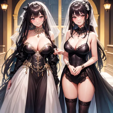 A woman in a dress and stockings standing in front of a tree, wedding dress, off the shoulder, long wedding veil, necklace, jewelry, (skirt parted in front), thigh highs, (panties:0.9), big rounds breasts, dark brown hair, long bangs, long hair, ponytail, ...