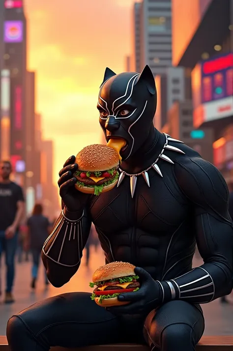 A Marvel Black Panther eating a Burger King hamburger