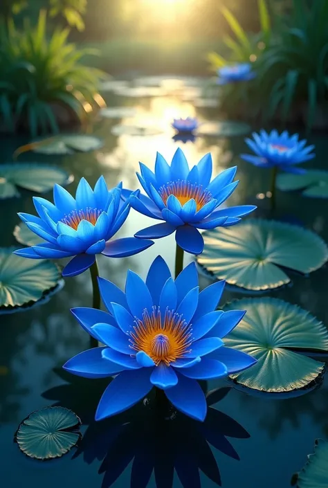 Top view blue lotus flowers big size in pond with bright light falling bright color animated too beautiful .