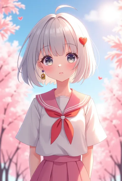 Make an image of a teenage girl with short, straight, white hair that reaches her shoulders., that have big, grey eyes, Her skin must be white and she must have the typical Japanese student uniform but in a pink theme., Also put pink and tender yk2 accesso...