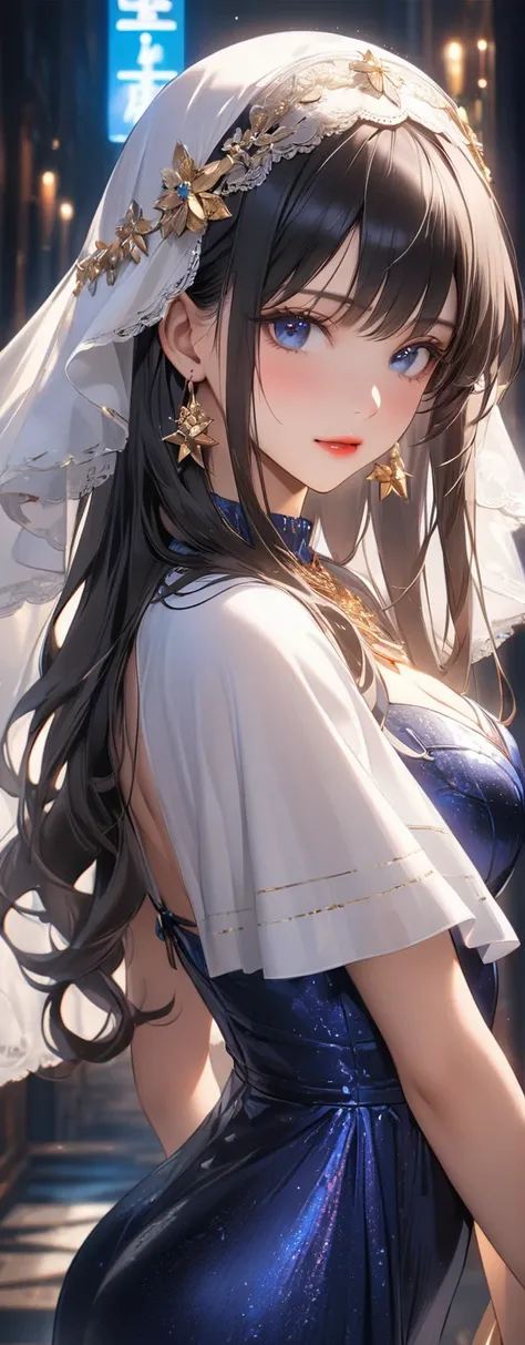 Straight hair、Shiny long black hair,((A very elaborate navy blue sexy dress)), Appearance , (beautiful girl: 1.3),One person,Highest quality,8k,Highly detailed CG unit wallpaper,masterpiece:1.2,Highest quality,Ultra-high resolution,(((White Veil))),Realist...