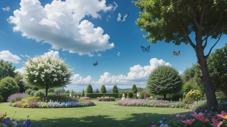 Create a sunny garden with flowers and butterflies and a blue sky with clouds and a little tree on the side