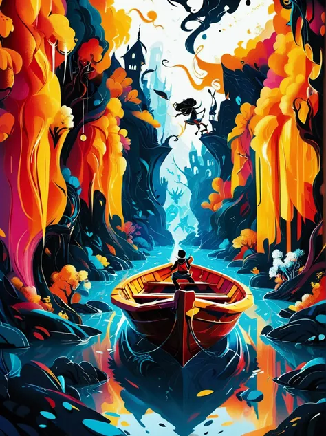 (negative space:1.5), a boat, colorful cartoon-style illustration from an award winning animated movie, illustrated in bold outl...