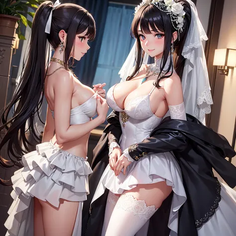 A woman in a dress and stockings standing in front of a tree, wedding dress, off the shoulder, long wedding veil, necklace, jewelry, (skirt parted in front), thigh highs, (panties:0.9), big rounds breasts, dark brown hair, long bangs, long hair, ponytail, ...