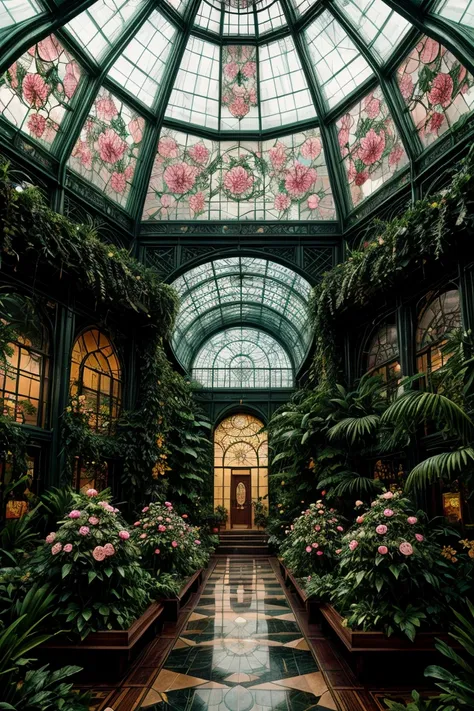 Inside a winter garden botanical conservatory designed in Art Deco style with a steampunk twist, blooming roses flourish under a glass-dome roof amid lush tropical plants and a stone floor, framed by huge glass windows and floral stained glass elements, ne...