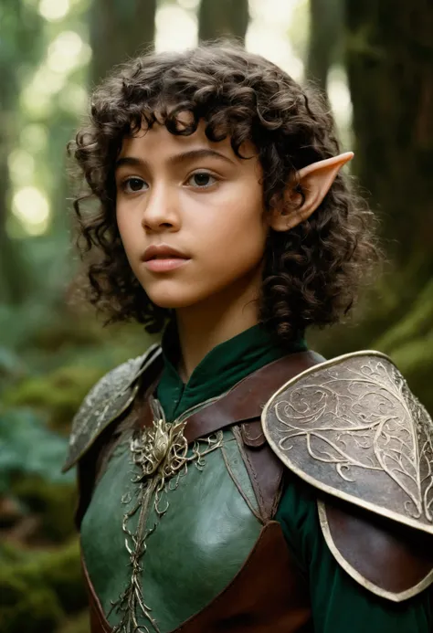 analog film photo, photo of a young elven girl, 18 years old, elf ears, curly bob cut, wearing an elven cuirass and a leather pteruges, resembles Zendaya, strolling through a fantasy landscape, RAW Photograph, dslr, soft lighting, high quality, film grain,...