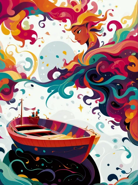 (negative space:1.5), a boat, colorful cartoon-style illustration from an award winning animated movie, illustrated in bold outl...