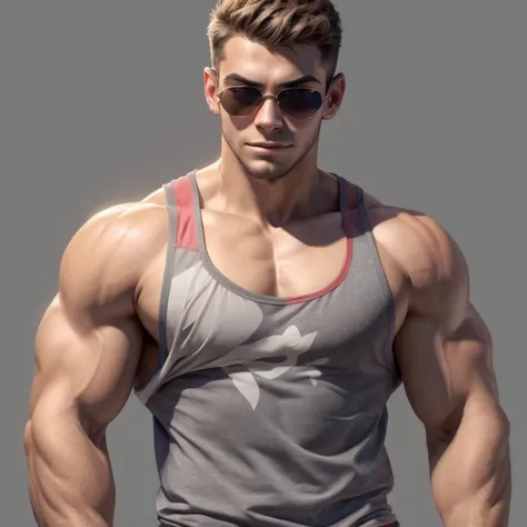 a very handsome young man, sunglasses, gray tank top, muscular, on a gray background