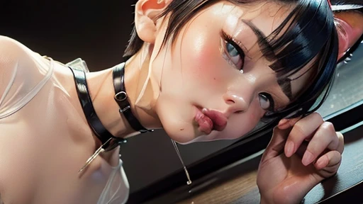 (8k, RAW Photos, Highest quality, masterpiece :1.3), (a  and thin Japanese woman wearing a see-through rubber suit, Small breasts, A small collar, Cat ear, fear creeps onto her face :1.3), (Beautiful attention to detail, Beautiful lip detail, No lipstick, ...