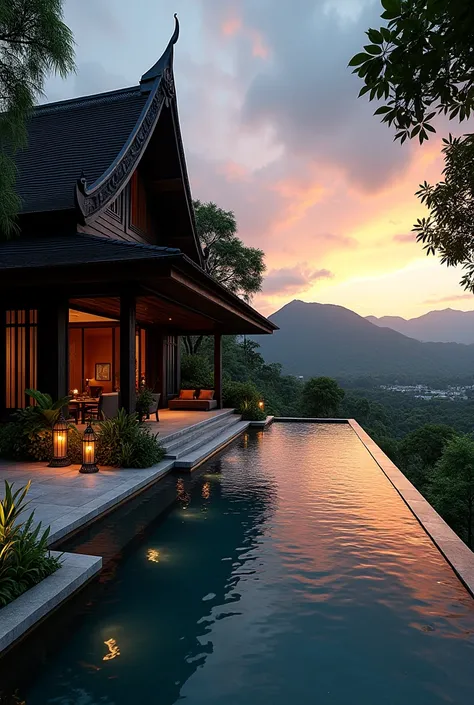 Create me a dark black house with a pool in Thai style with a beautiful view