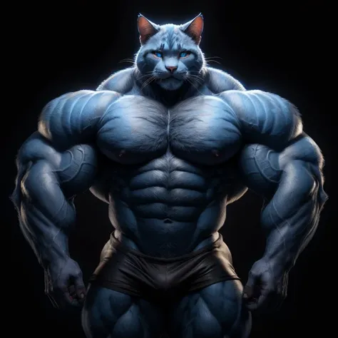 brutalmass, a cat, cute, blue cat, shirtless, muscular, on a black background,