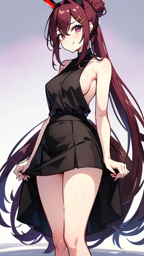 High tail hairstyle, two Ponytail hairstyle, Ponytail hairstyle, Long wavy black hair, standing posing, anime girl style, pixel art anime style,penetrating look with deep eyes,red and purple eyes, hair with a ponytail hairstyle trapped with a big red bun, ...