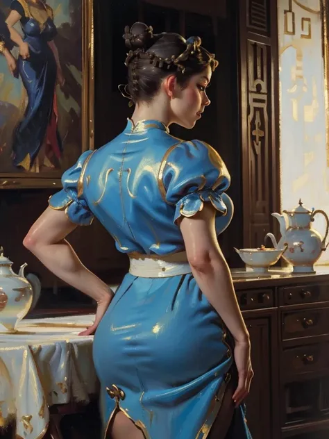 (AOC:1.1), (Oil painting:1.2), from behind, encorvado, Curved, Slightly Wide hips, thick thighs, (chun li:1.3), brown hair, ((Double bun hair:1.2, Bun cover:1.5)), lipstick, makeup, blue dress, Blue cheongsam with side slits, Blue footwear, brown pantyhose...