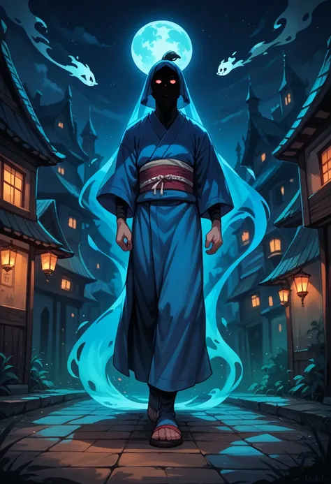 Blue samurai, ghost, walking with a wolfin a haunted village, night sky, full moon, realistic, Full HD, best quality