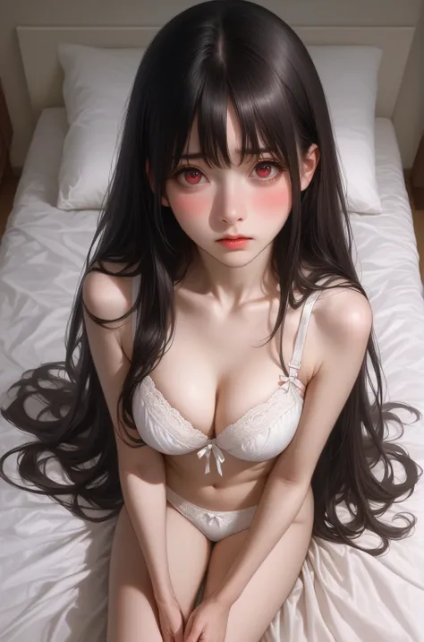 anime girl with long black hair sitting on bed, seductive anime girl, long hair, anime visual of a cute girl, beautiful alluring anime teen, anime best girl,black hair, anime girl with long hair、White bra、White panties with a ribbon、White and black striped...