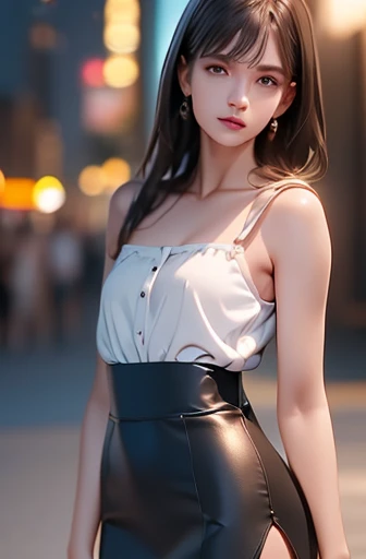 (((best quality))),1 female,slender face,(((arms behind))),(((cool beauty))),Black Hair,Brown Eyes,medium hair,straight hair,small breasts,looking at viewer,25 years old,No pubic hair,Height: 160cm,(full body),blouse,Standing in a busy street at night,mini...