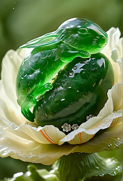 abstract expressionism, cuteness overload realism, close-up macro photography by Shaddy of a small transparent green stone bunny with fluffy white rhinestones sleeping inside a giant poppy flower, elegant, modern, fairytale, light inside the body, supernat...