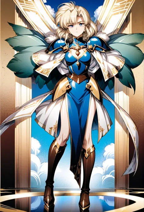 A full-body portrait of a adult woman in anime style, with long, light blonde hair, framed by a white mantle adorned with golden details. She has intense blue eyes and wears a form-fitting blue armor with intricate engravings of leaves and flowers, and gol...