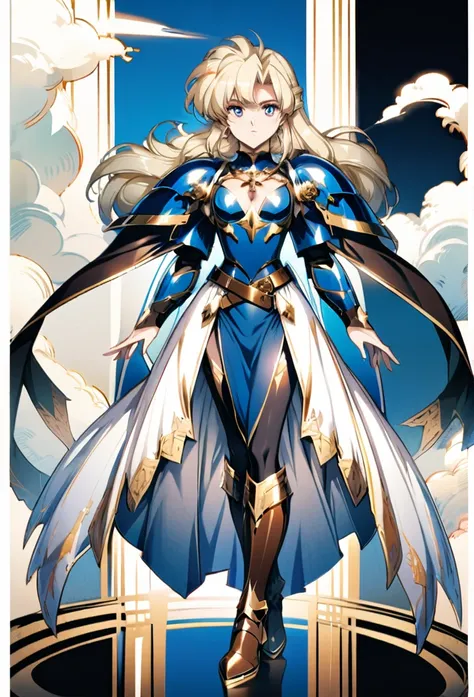 A full-body portrait of a adult woman in anime style, with long, light blonde hair, framed by a white mantle adorned with golden details. She has intense blue eyes and wears a form-fitting blue armor with intricate engravings of leaves and flowers, and gol...