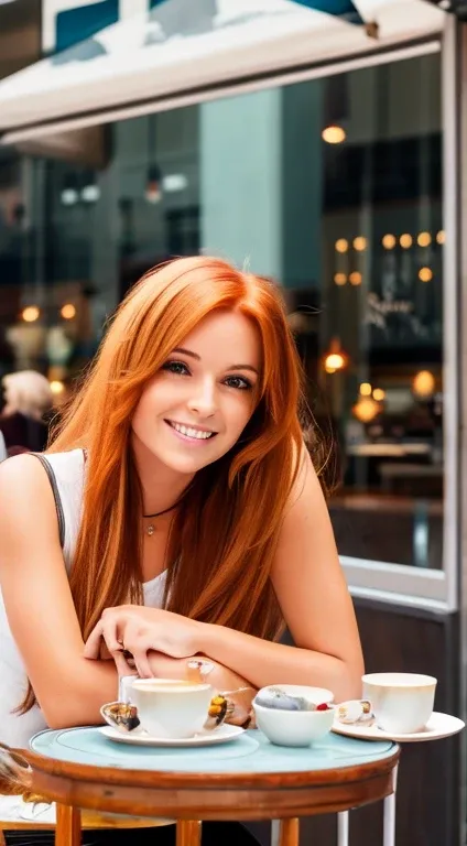 beautiful woman in a cafe sitting at a table, redhead with long blonde hair.