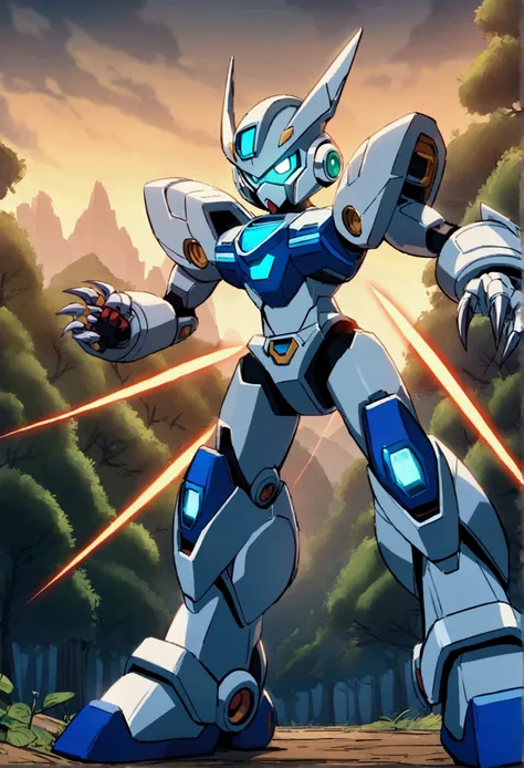 White tiger humanoid robot with laser claws in the MegaMan X style, forest in the background of the image, 4K 