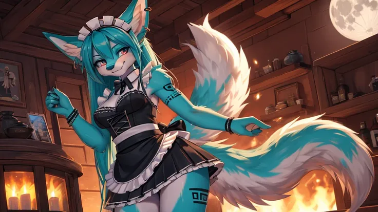 Miku Hatsune, add high definition_detail:1, blue fur,kitsune ears, tribal tattoo add_detail:1, posing during a full moon showing off her beautiful figure and her outfit. (Maid lingerie, maid mini skirt)sweaty body add_details:1, smiling add_detailsl:1, ear...