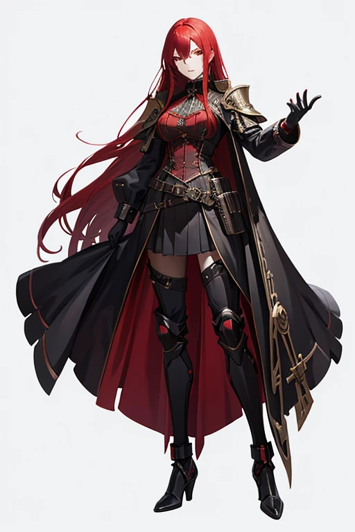 Long red haired woman dressed in black steampunk style clothing with exoskeleton armor with chains, black jester mask, full body looking at viewer with white background.