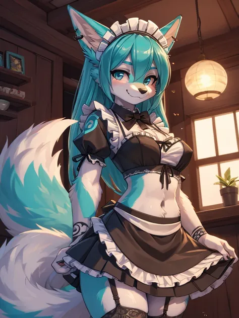 Miku Hatsune, add high definition_detail:1, blue fur,kitsune ears, tribal tattoo add_detail:1, posing during a full moon showing off her beautiful figure and her outfit. (Maid lingerie, maid mini skirt)sweaty body add_details:1, smiling add_detailsl:1, ear...