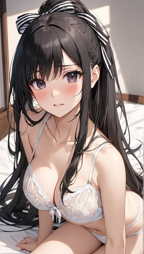 anime girl with long black hair sitting on bed, seductive anime girl, long　ponytail hair, anime visual of a cute girl, beautiful alluring anime teen, anime best girl,black hair, anime girl with long hair、Sheer white bra、White panties with a ribbon、White an...