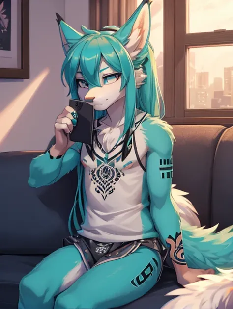 Miku Hatsune, add high definition_detail:1, blue fur,kitsune ears, tribal tattoo add_detail:1, sitting on a couch, checking his cell phone in his pajamas