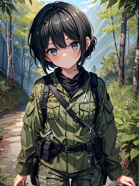 (masterpiece),(top-quality),(ultra-detailed),(high resolution),(in 8K animation),(beautifull detailed face),(beatiful detailed eyes),(anatomically correct),(Keep your head small),1girl,black short hair,((chignon)),wearing army camouflage uniform, shirt, pa...