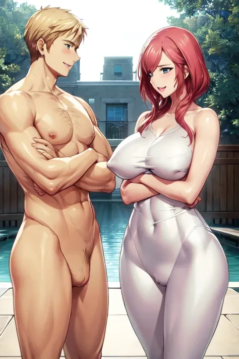 blond haired man, tan skinned man, (slim woman:1.7), naked, standing, Red hair, 2 people, smiling