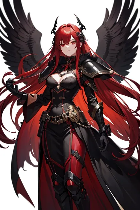 Long red hair woman dressed in black steampunk style clothing with exoskeleton armor with chains, black owl stempunk mask with red eyes, full body looking at viewer on white background.