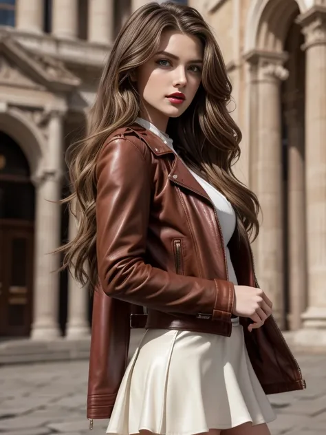 in photorealistic style, Girl, long, wavy brown hair, green eyes, Red lips, white with a red leather skirt and a brown leather jacket, standing in a Roman square, perfect make up