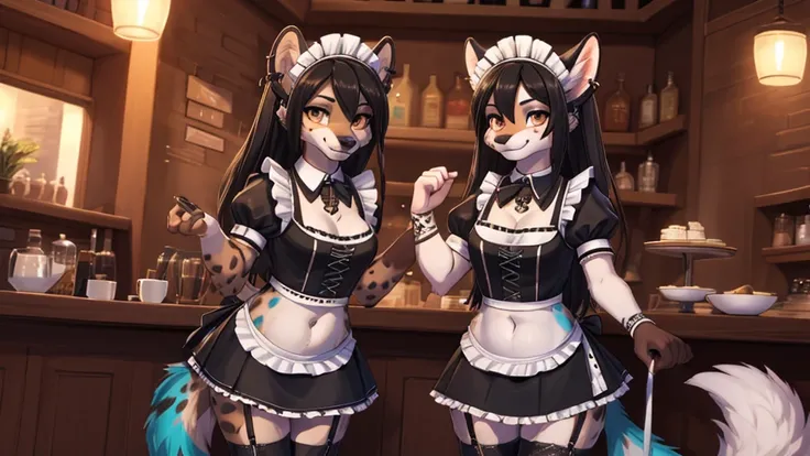 2 girls imagen, firts girl, Miku Hatsune, add high definition_detail:1, blue fur,kitsune ears, tribal tattoo add_detail:1, posing during a full moon showing off her beautiful figure and her outfit. (Maid lingerie, maid mini skirt)sweaty body add_details:1,...