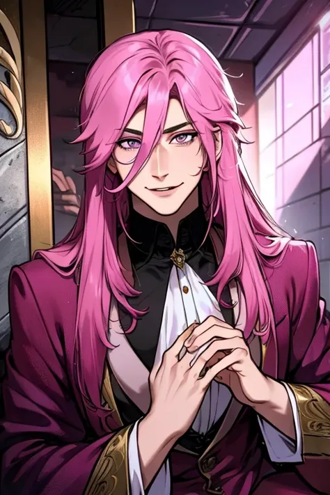 Perfect face. Perfect hands. A pink haired man with violet eyes and long hair is sitting in a mausoleum in a fancy suit with a big smile